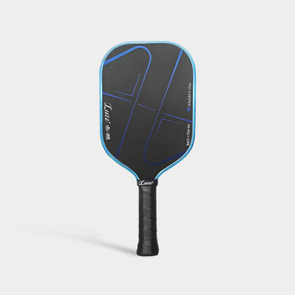 Front-facing upright view of the Luzz Pro 4 Blue Blaze Inferno paddle, featuring a black face with blue stripes, a light blue edge, and a black handle. 16mm thickness, 16.54" length, 7.48" width, 7.94 oz average weight, and 5.52" handle length.