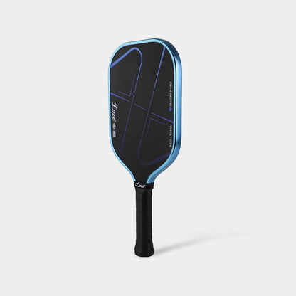 Upright paddle at a 45° left angle, featuring a metallic light blue edge and a black handle.