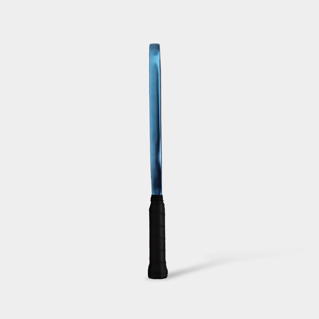 Paddle standing upright, side view, with a metallic blue edge.