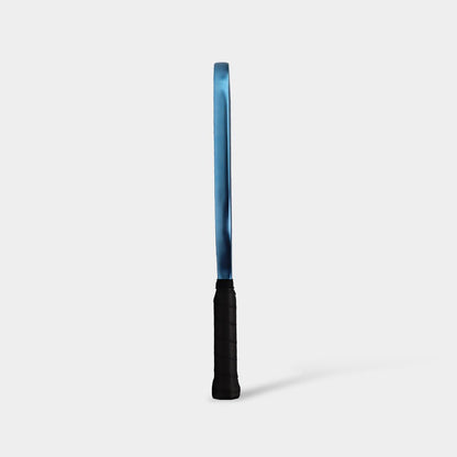 Paddle standing upright, side view, with a metallic blue edge.