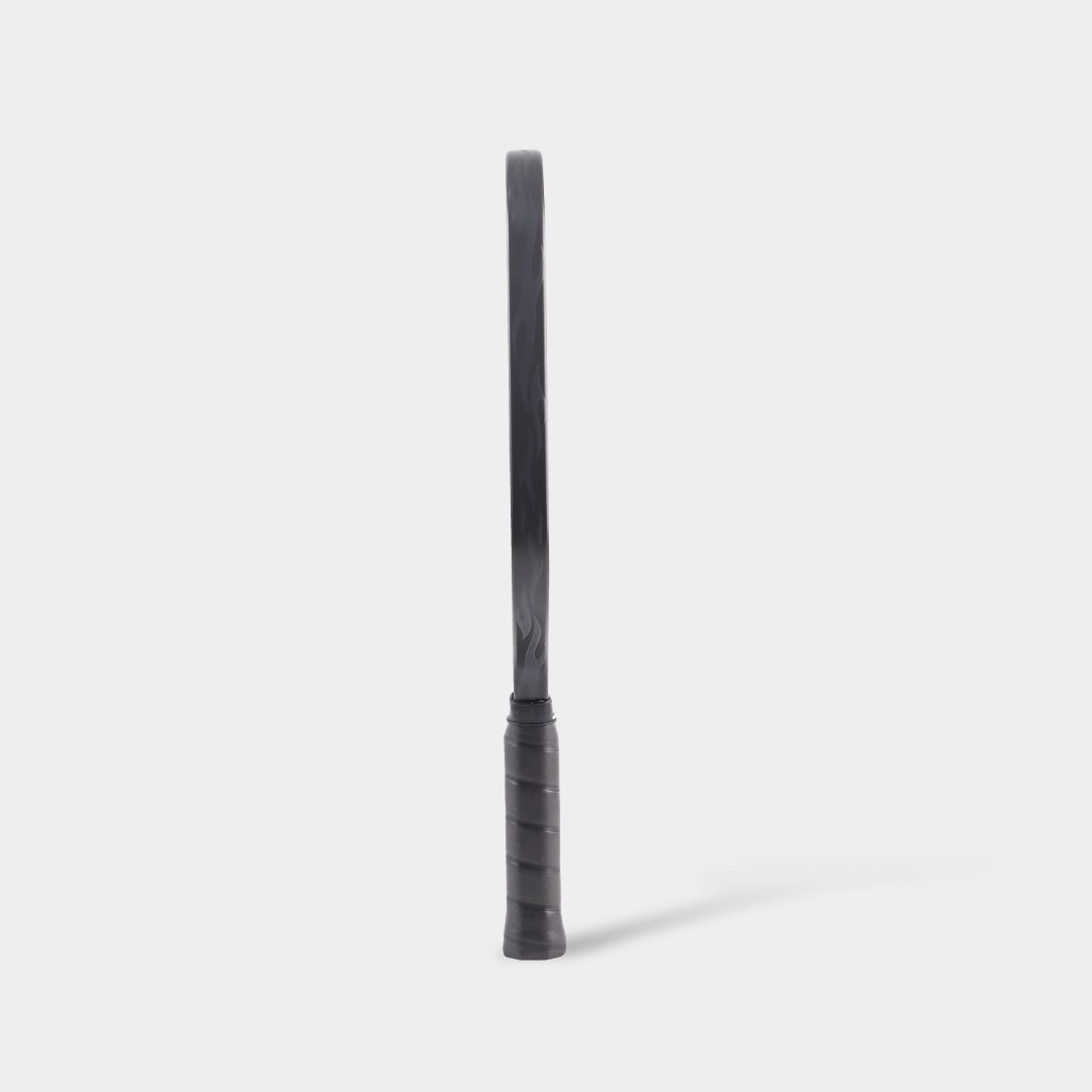 LUZZ Pro 4 Darkness Inferno pickleball paddle upright front-side view featuring a black paddle edge