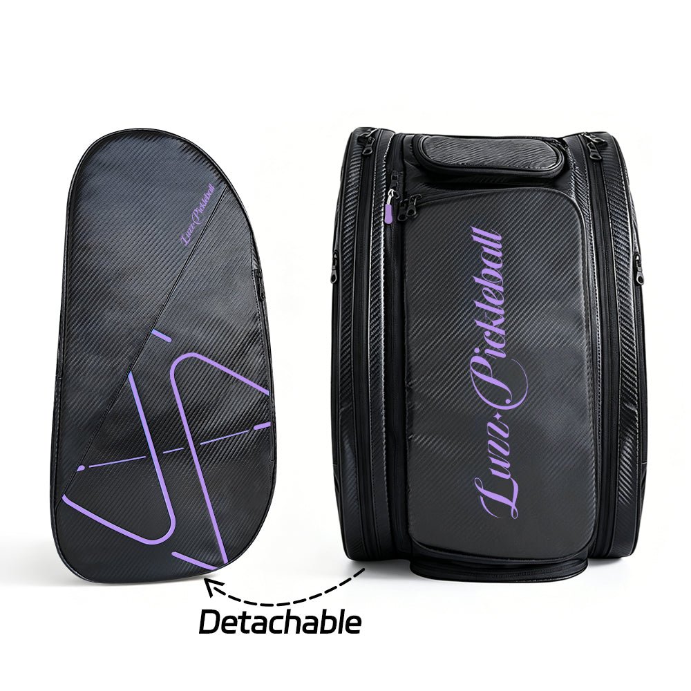 Black pickleball backpack with a detachable side pouch, featuring a purple LUZZ logo and minimalist line details