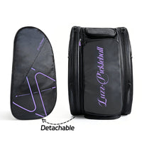 Black pickleball backpack with a detachable side pouch, featuring a purple LUZZ logo and minimalist line details