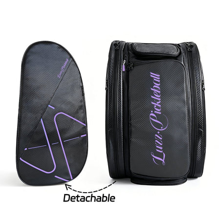 Black pickleball backpack with a detachable side pouch, featuring a purple LUZZ logo and minimalist line details