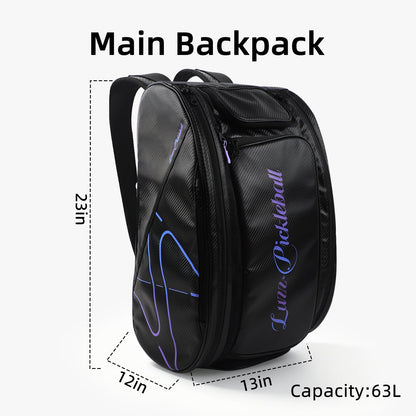 Pickleball backpack main backpack dimensions: 23 in high, 13 in wide, 12 in deep, with a 63L capacity