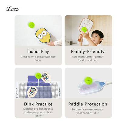 LUZZ Silent Pickleball featuring indoor-friendly, kid- and pet-friendly design, professional-grade bounce, and a paddle-safe surface
