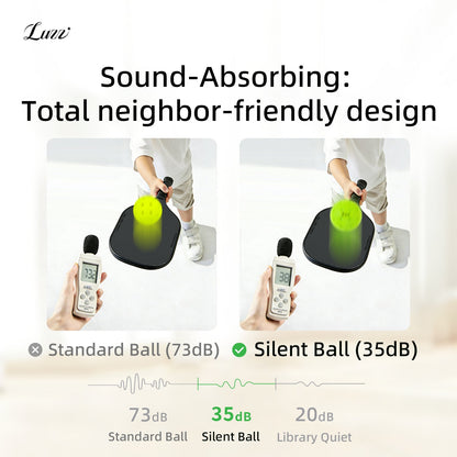 LUZZ Silent Pickleball compared with conventional pickleballs, delivering ultra-quiet 35 dB impact noise for library-level sound reduction
