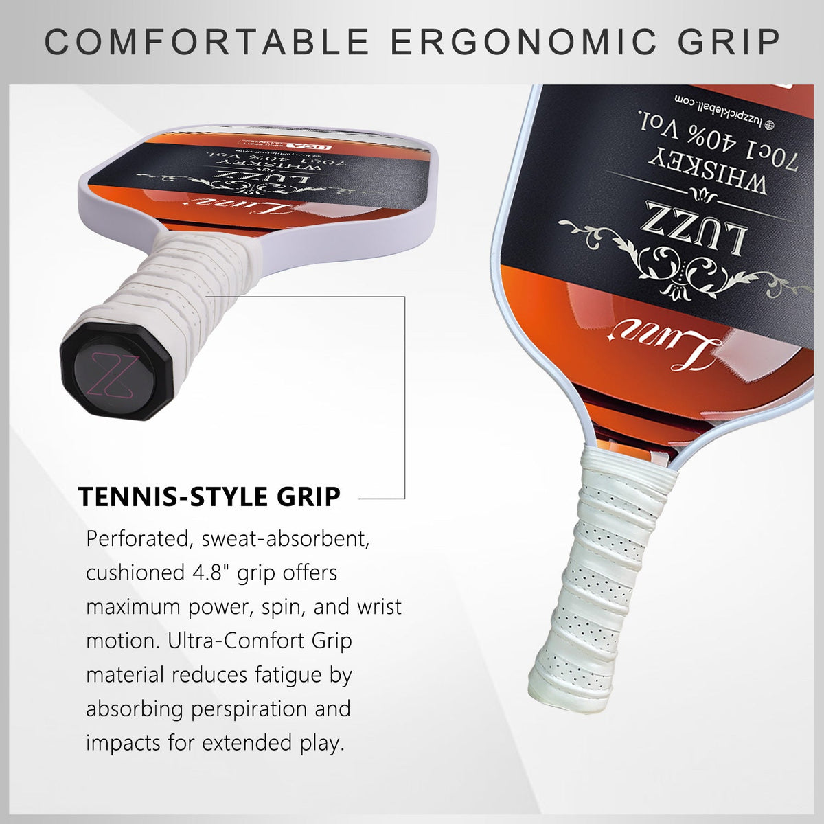 Pickleball paddle handle detail featuring a perforated, sweat-absorbing grip and a thick 4.8-inch handle.