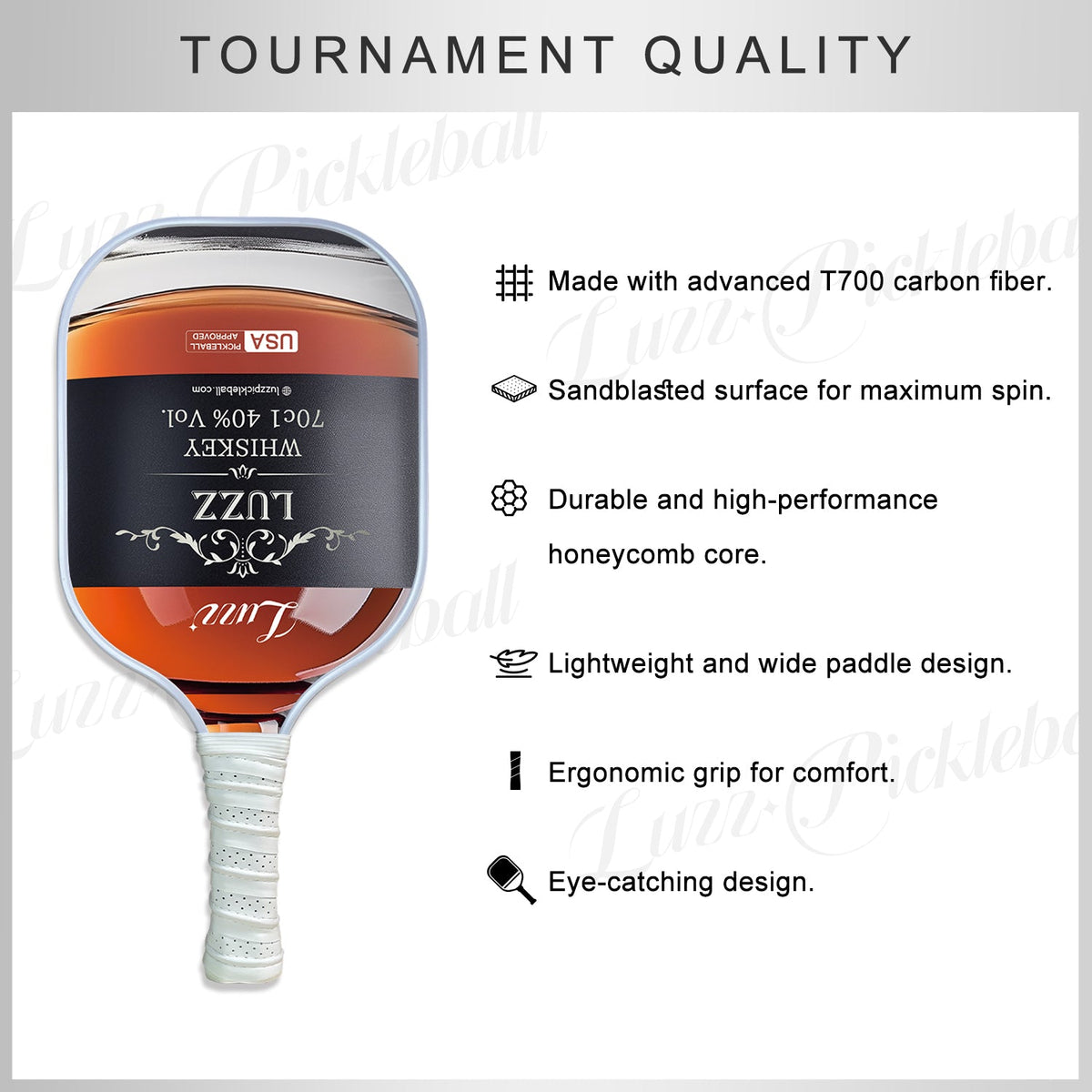 Pickleball paddle featuring premium T700 carbon fiber, a sand-textured surface, and a durable honeycomb core.
