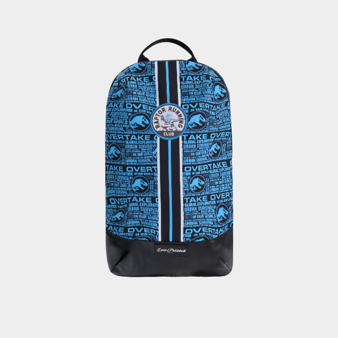 LUZZ x Jurassic World Pickleball Backpack front view featuring blue lettering on the backpack