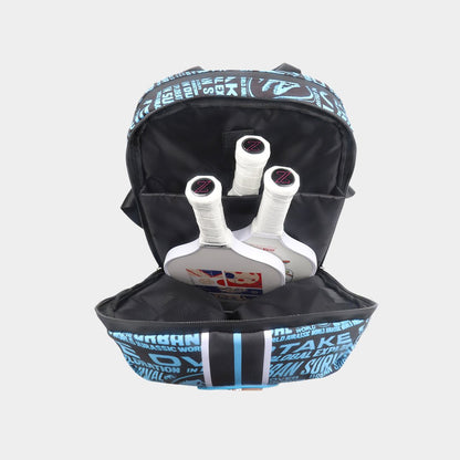 Open pickleball backpack featuring a dedicated compartment holding three paddles