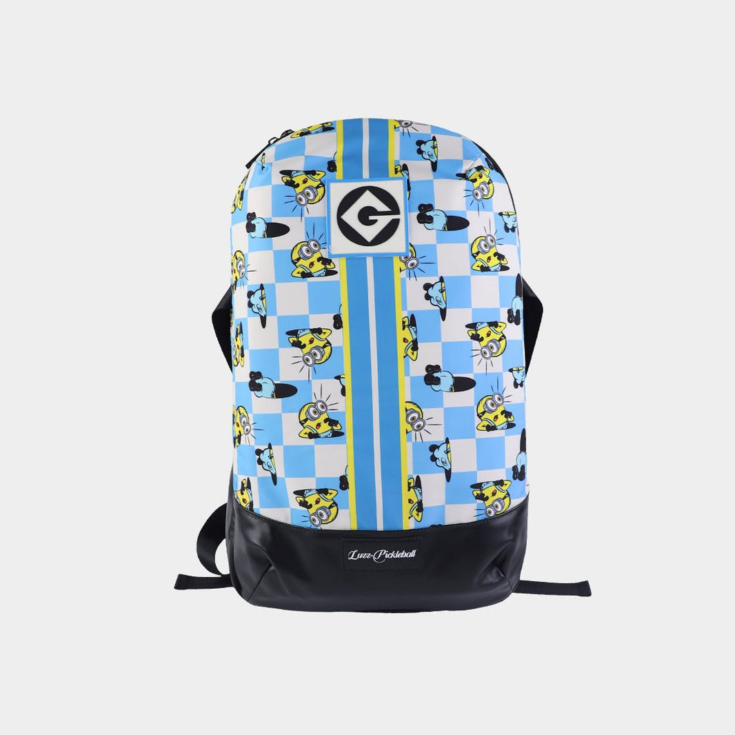 Minions collaboration pickleball backpack featuring an blue-and-white checkered design, Minions graphics, and a centered LUZZ logo at the bottom