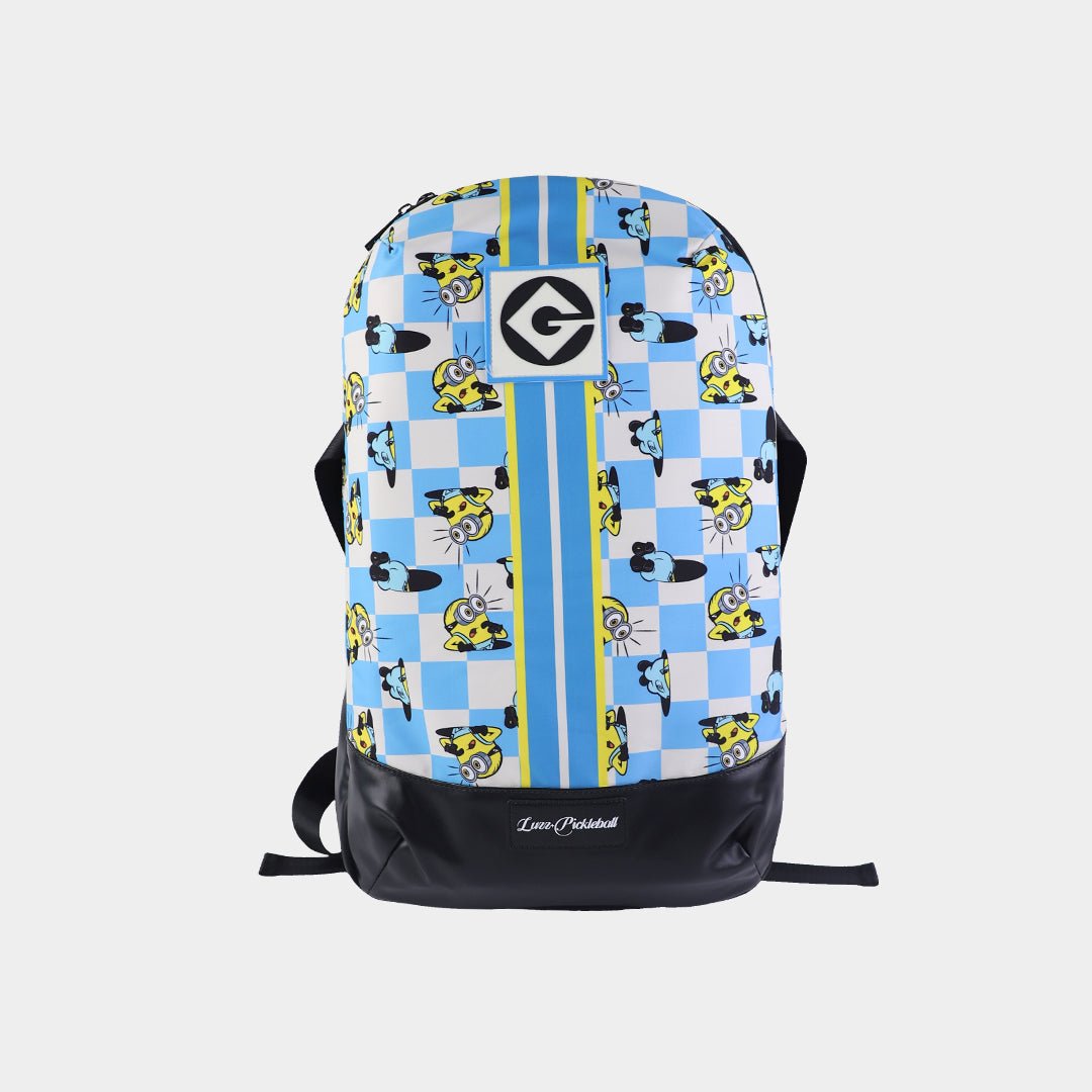 Minions collaboration pickleball backpack featuring an blue-and-white checkered design, Minions graphics, and a centered LUZZ logo at the bottom