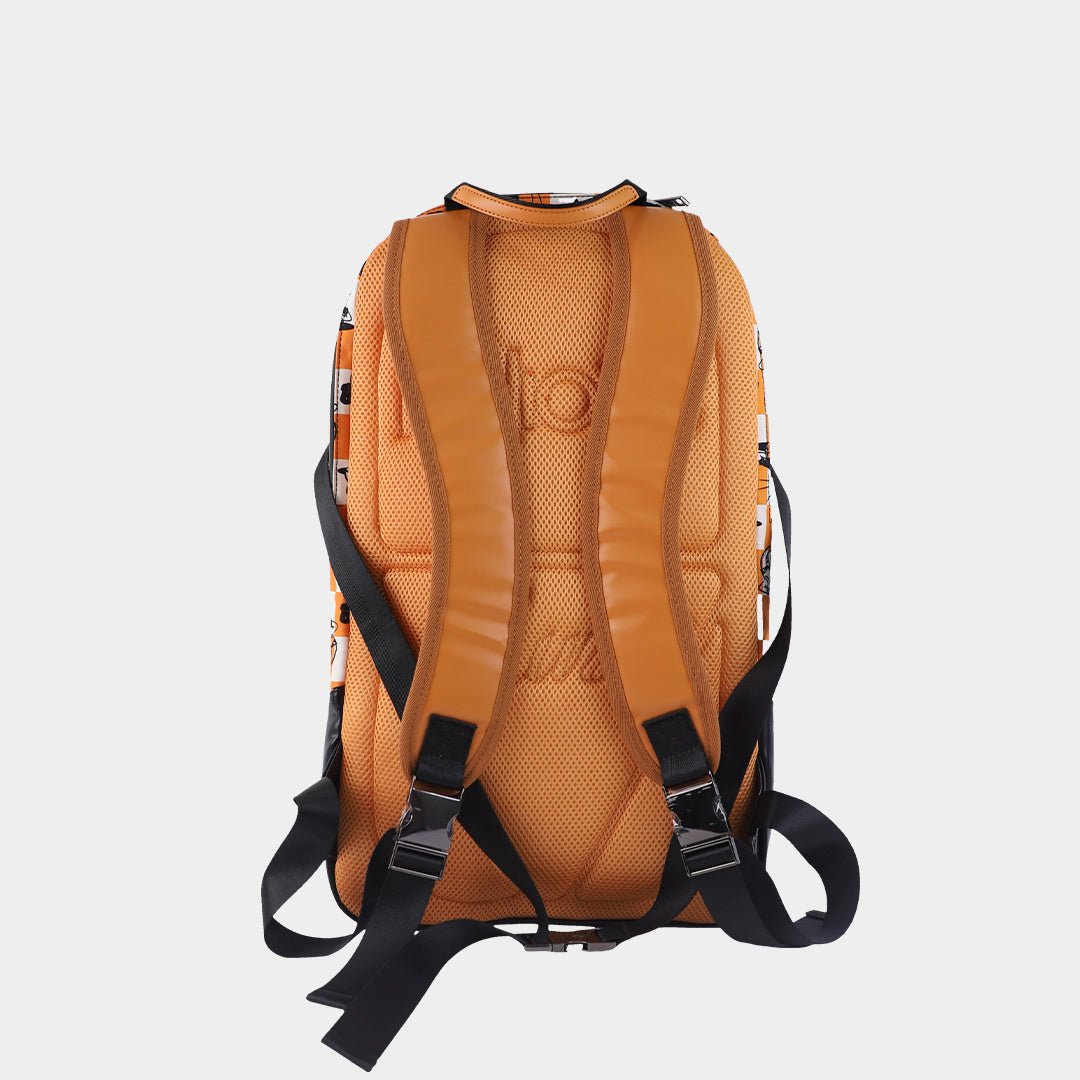 Back view of the pickleball backpack featuring an orange breathable honeycomb mesh panel, wide elastic cushioned shoulder straps, and an adjustable chest strap with reinforced herringbone webbing