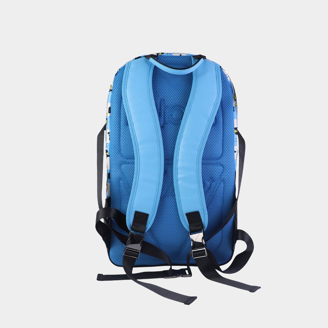 Back view of the pickleball backpack featuring an blue breathable honeycomb mesh panel, wide elastic cushioned shoulder straps, and an adjustable chest strap with reinforced herringbone webbing