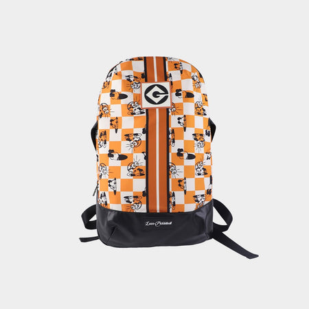 Minions collaboration pickleball backpack featuring an orange-and-white checkered design, Minions graphics, and a centered LUZZ logo at the bottom