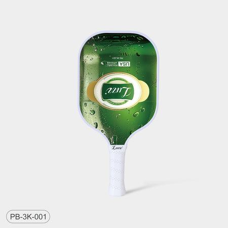 Luzz Beer Original Paddle standing upright, front view, featuring a beer bottle-shaped face with a Luzz logo in the center, USAPA certification logo at the top, white edge, and white handle.