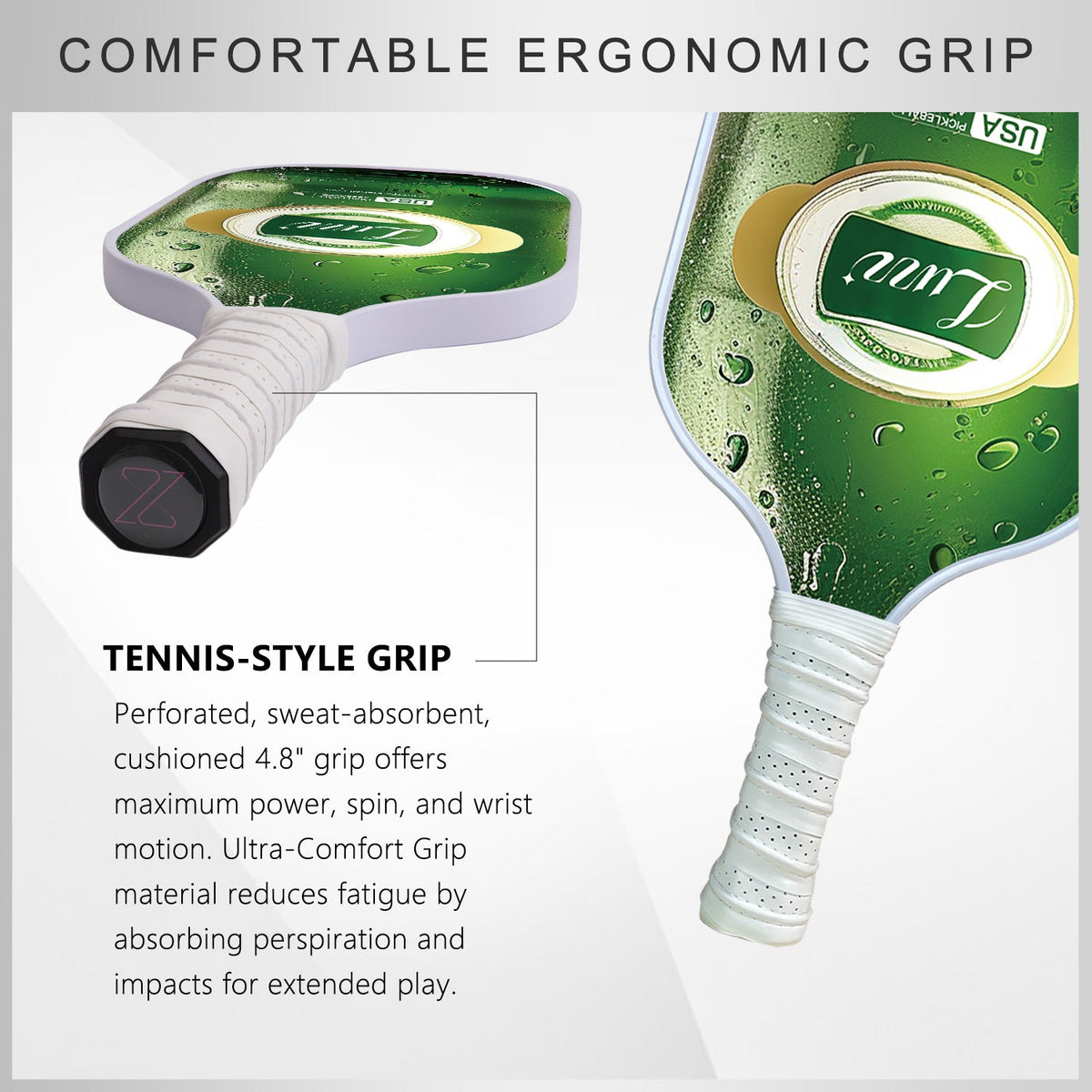 Pickleball paddle handle detail featuring a perforated, sweat-absorbing grip and a thick 4.8-inch handle.