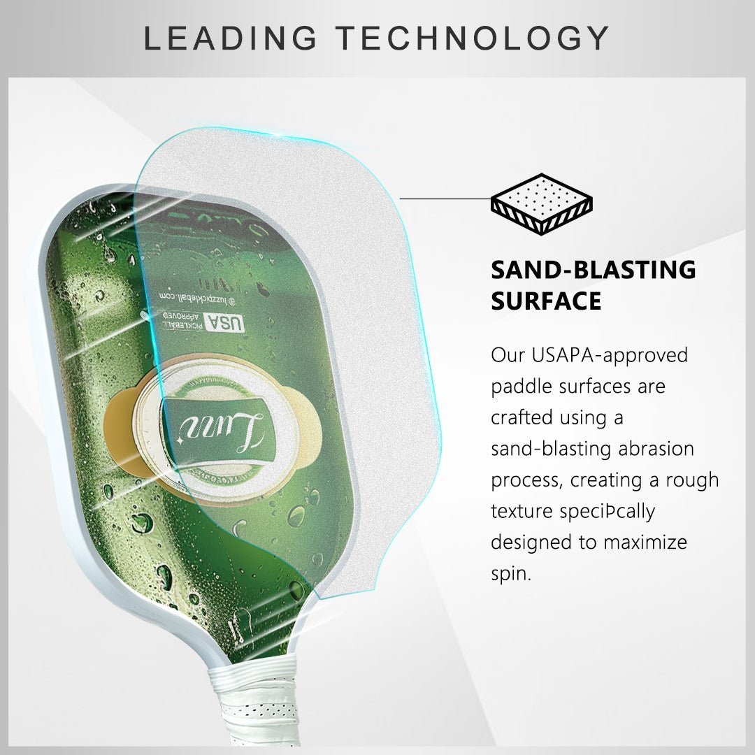 Pickleball paddle face layer detail featuring a USAPA-certified sand-textured surface finish.