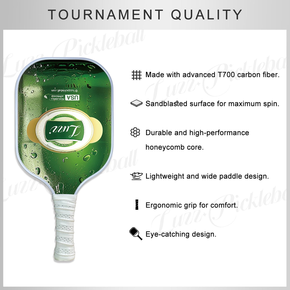 Pickleball paddle featuring premium T700 carbon fiber, a sand-textured surface, and a durable honeycomb core.
