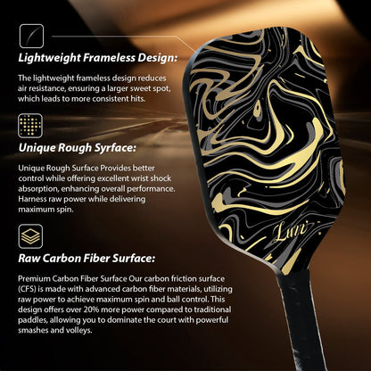 Luzzpickleball GoldenVeil Paddle - Lightweight, Frameless, T700 RAW Carbon Fiber, Ergonomic Grip