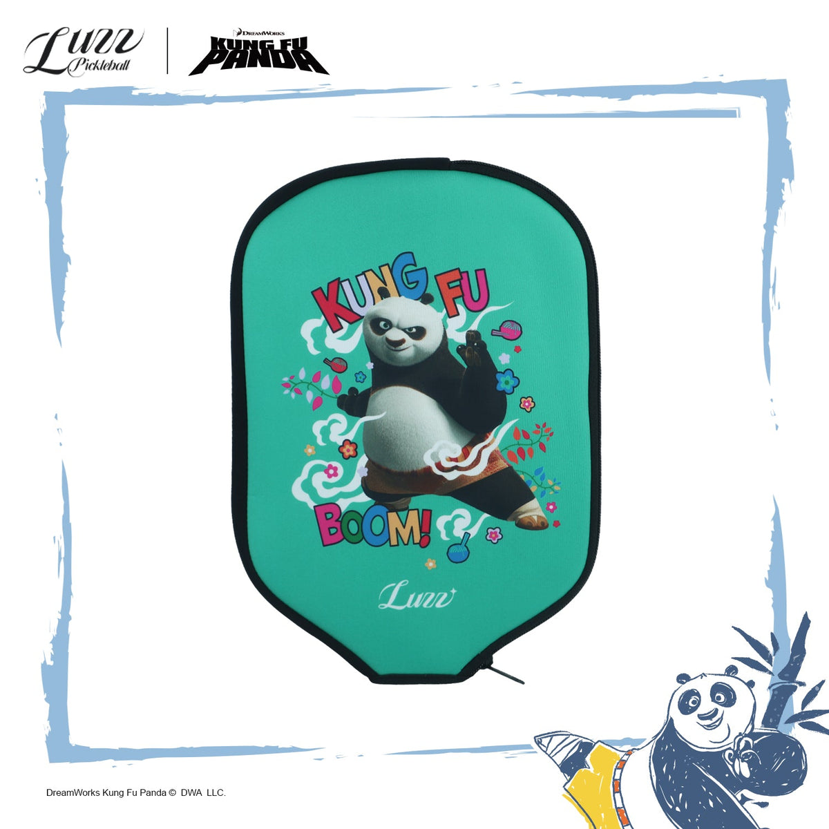 Kung Fu Panda paddle cover featuring a green design with iconic Kung Fu Panda artwork, made with premium neoprene material, with a black extended zipper.