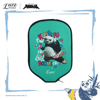 Kung Fu Panda paddle cover featuring a green design with iconic Kung Fu Panda artwork, made with premium neoprene material, with a black extended zipper.