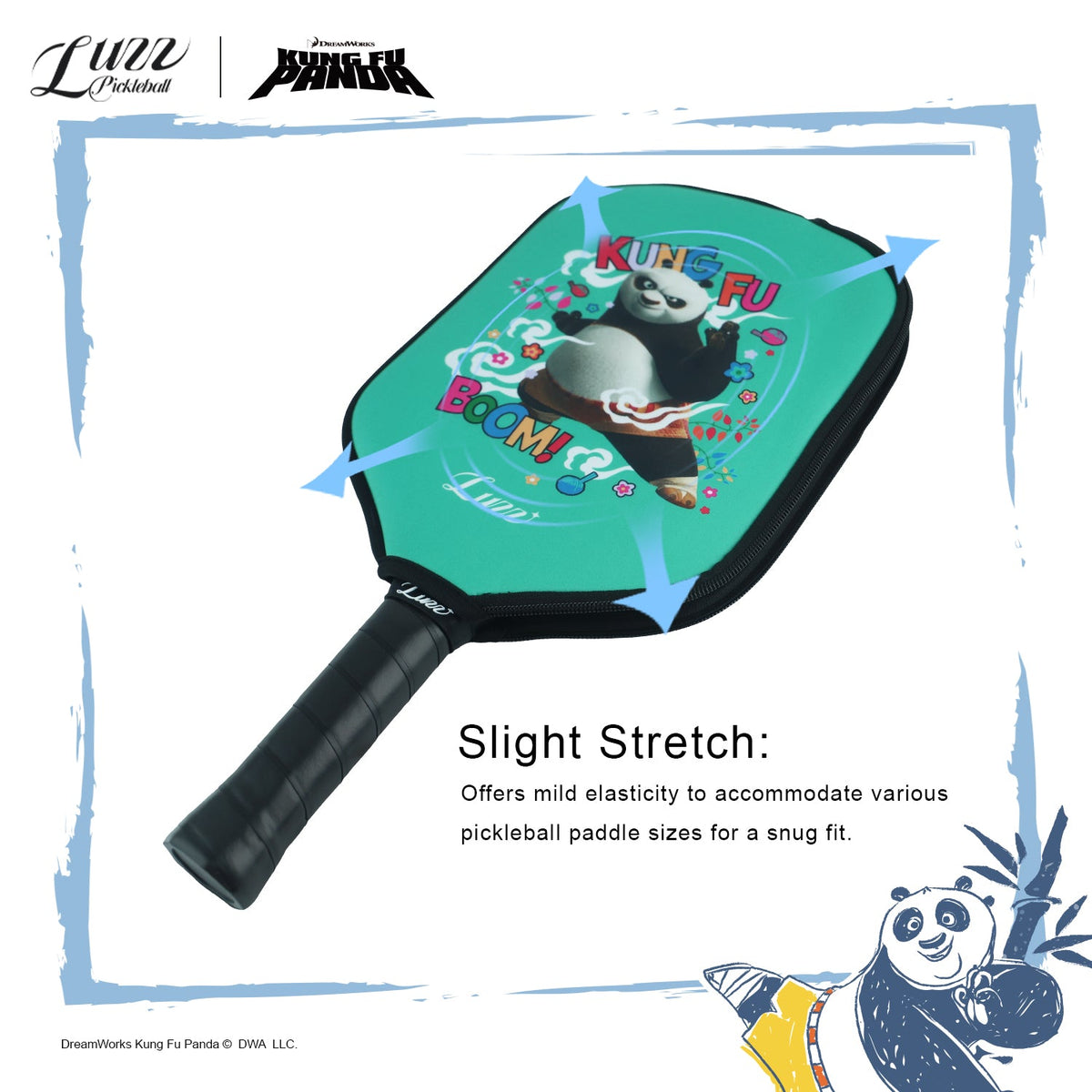 Paddle cover stretch demonstration, featuring premium neoprene material with flexible elasticity to fit various paddle sizes for a snug fit.
