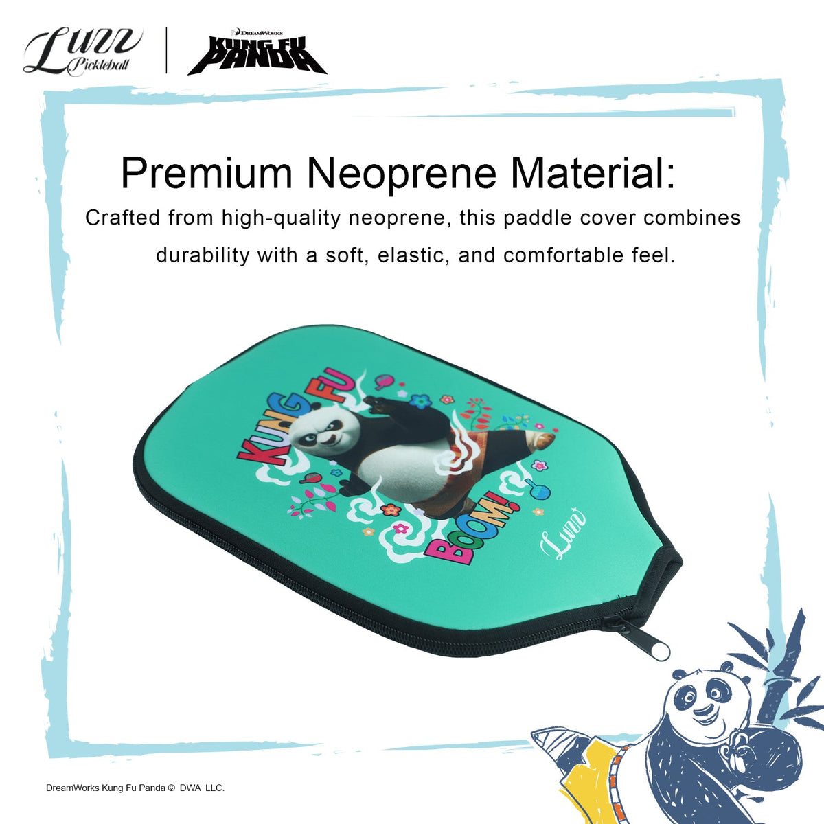 Angled paddle cover featuring an iconic Kung Fu Panda design in the center and LUZZ logo at the bottom, made with premium neoprene material for durability and a soft, flexible feel.